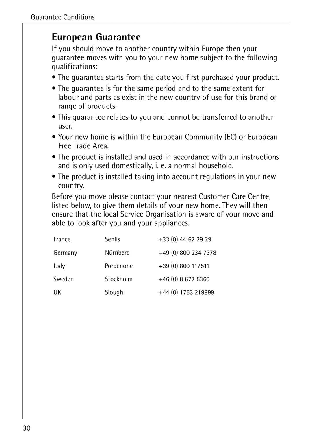 Electrolux 57520 operating instructions European Guarantee 