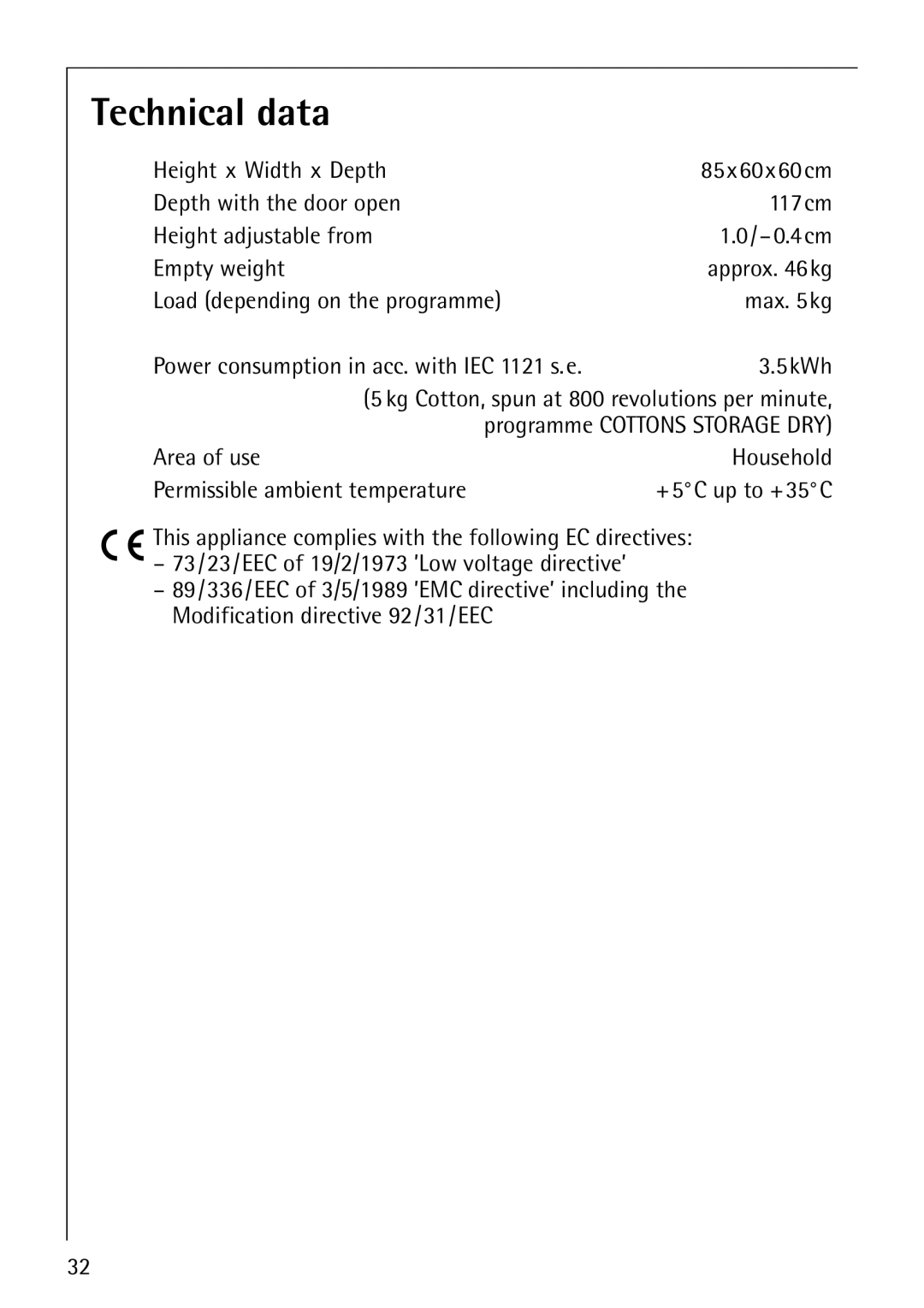 Electrolux 57520 operating instructions Technical data 