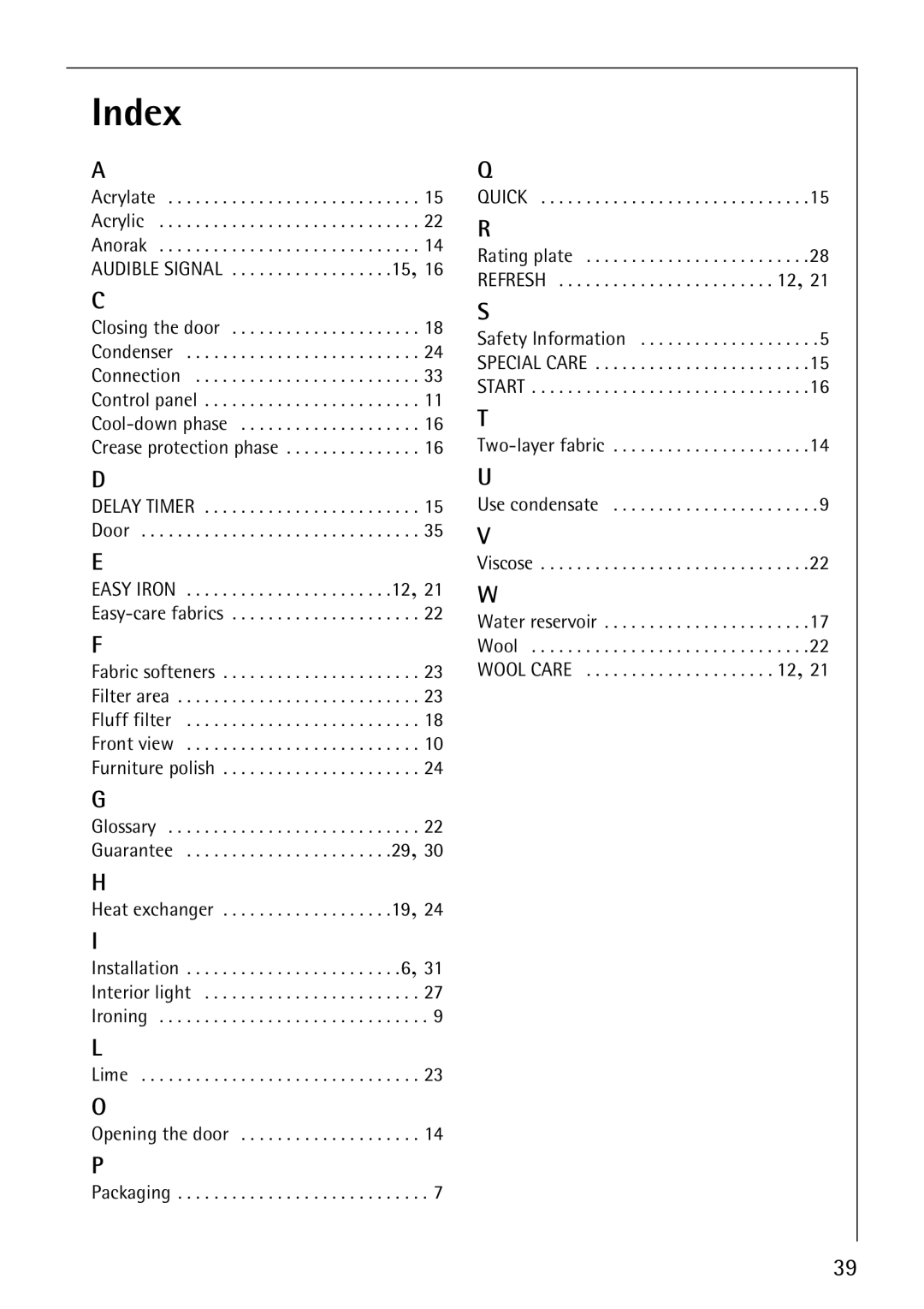 Electrolux 57520 operating instructions Index, Acrylate Acrylic Anorak 