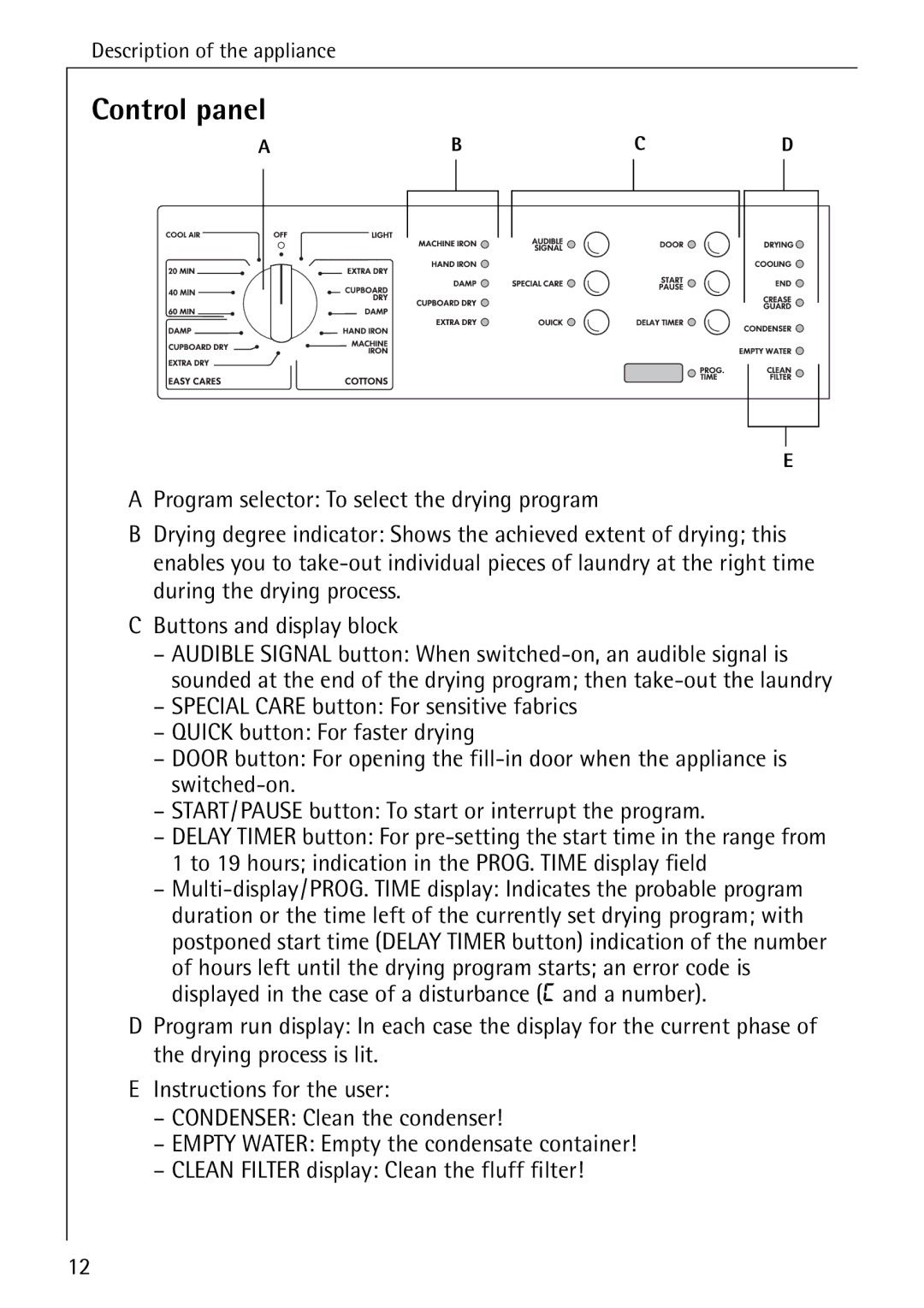 Electrolux 57700 operating instructions Control panel 