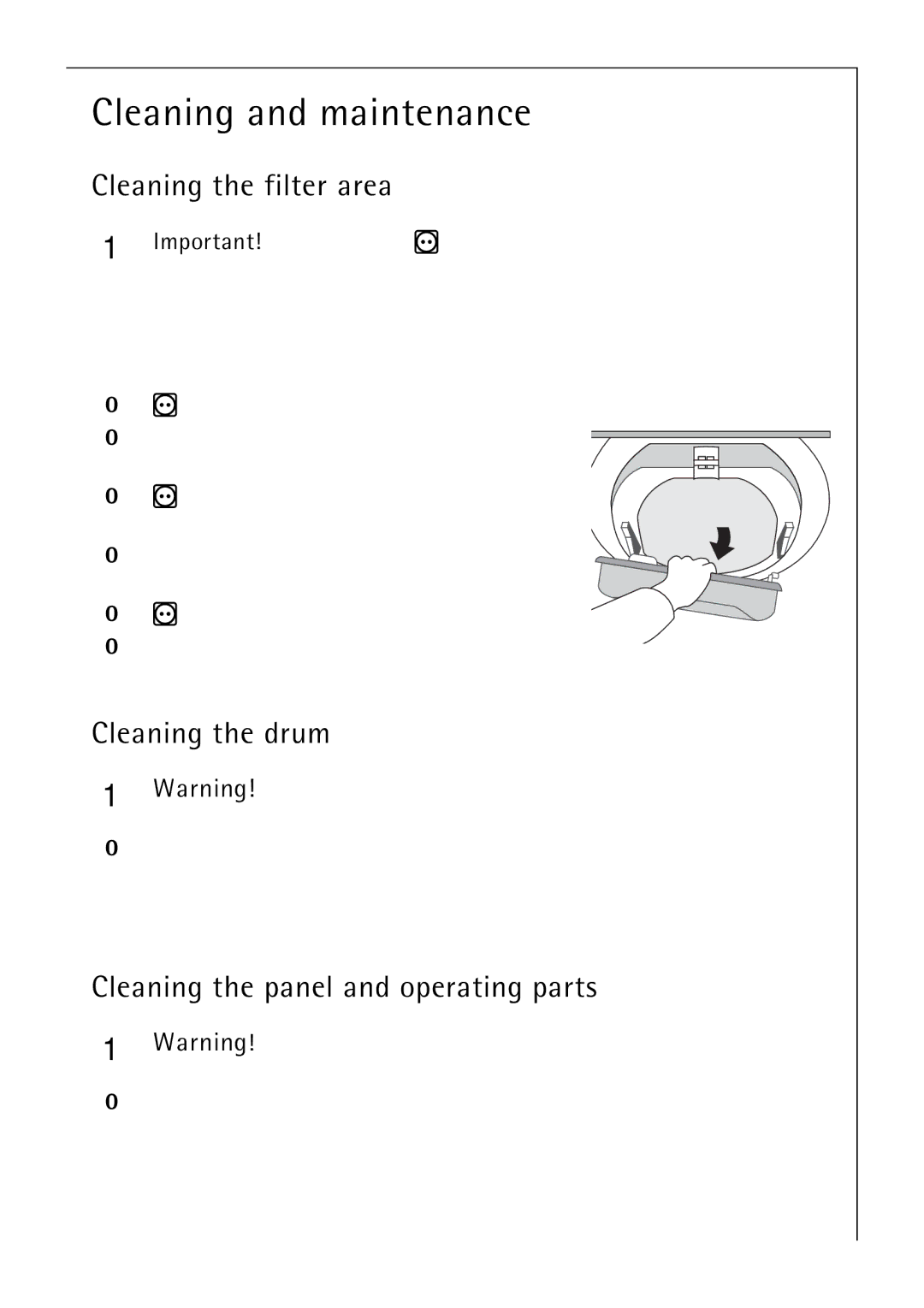 Electrolux 57700 operating instructions Cleaning and maintenance, Cleaning the filter area, Cleaning the drum 