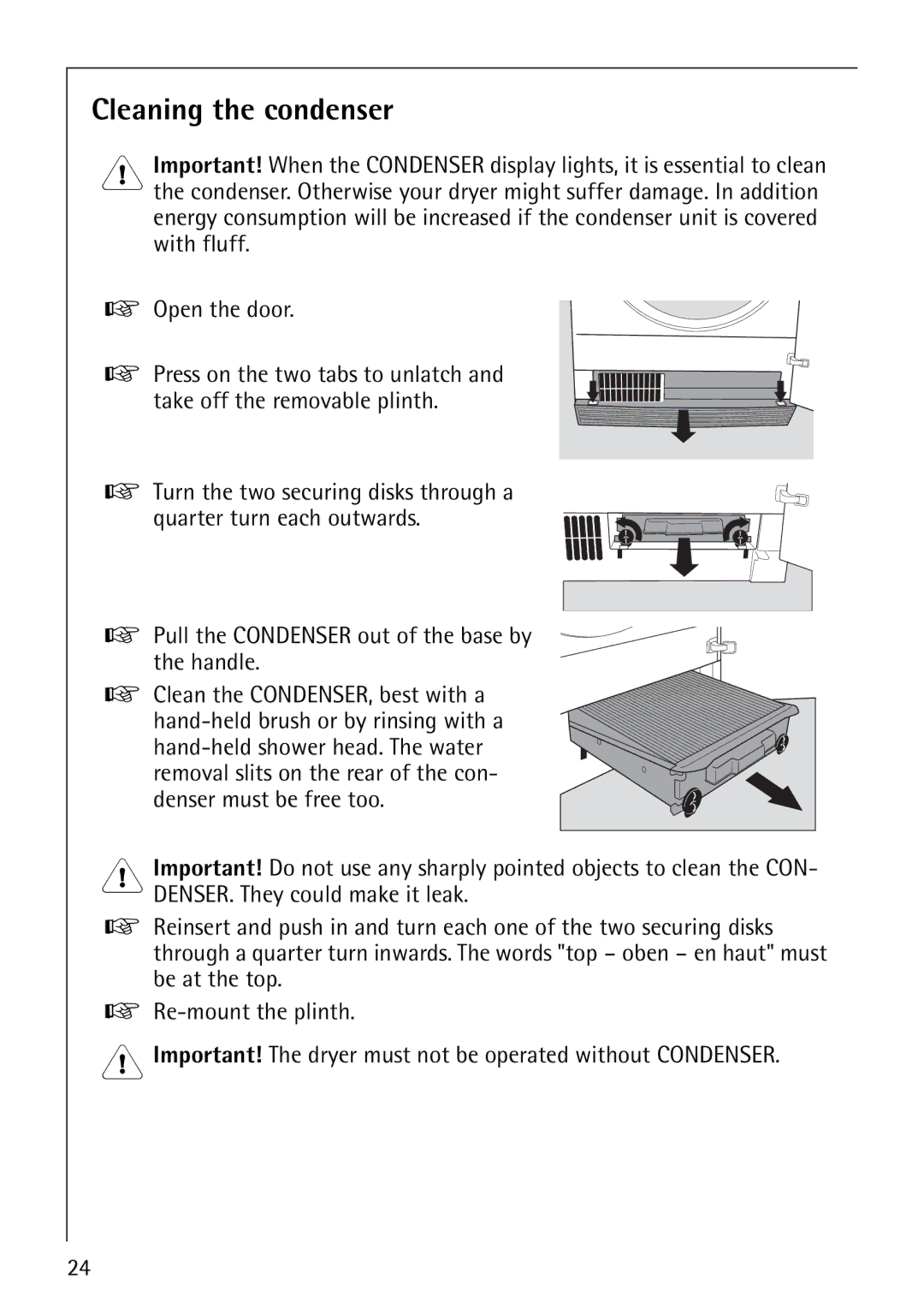 Electrolux 57700 operating instructions Cleaning the condenser 