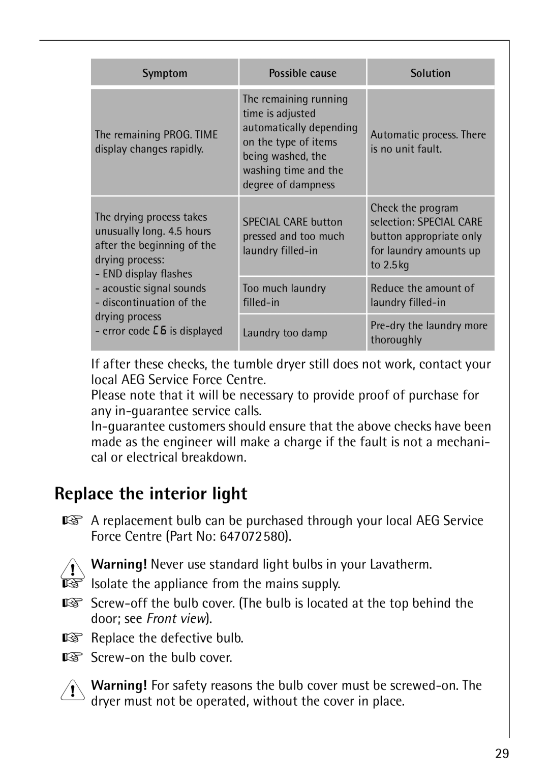 Electrolux 57700 operating instructions Replace the interior light 