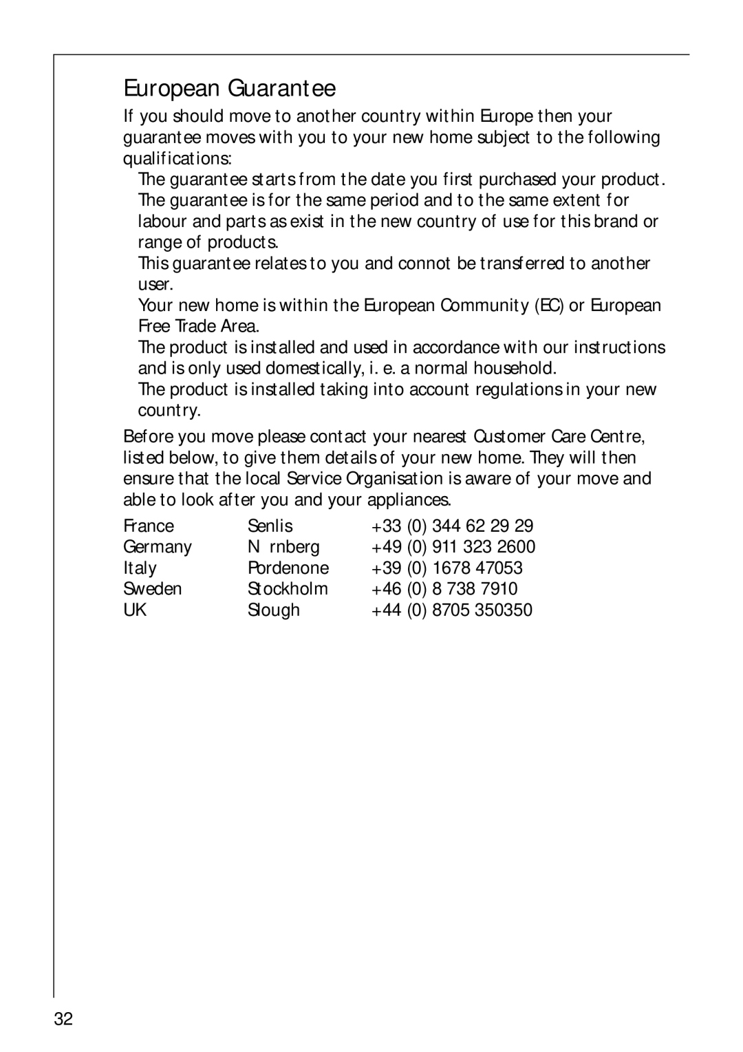 Electrolux 57700 operating instructions European Guarantee 