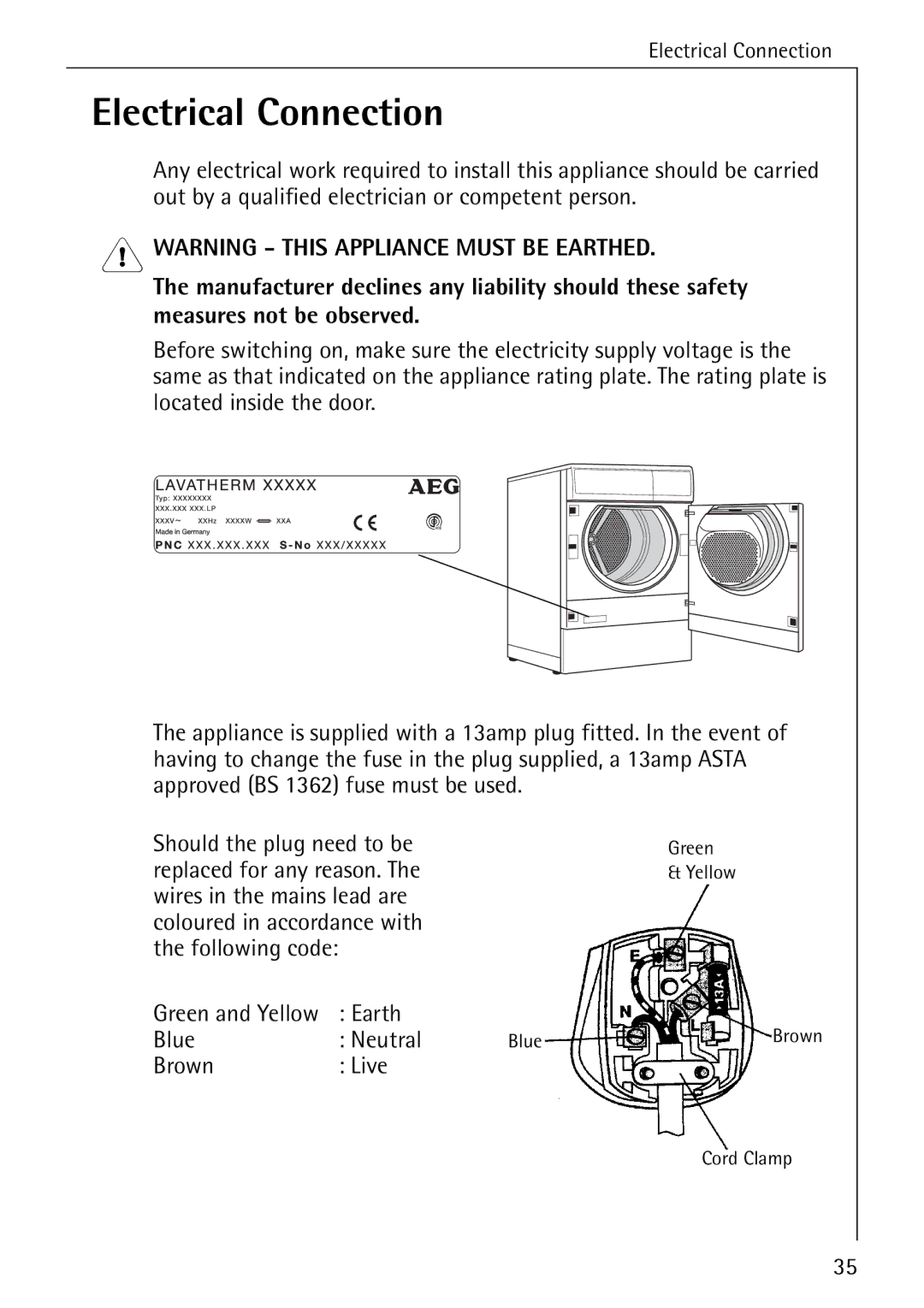 Electrolux 57700 operating instructions Electrical Connection 