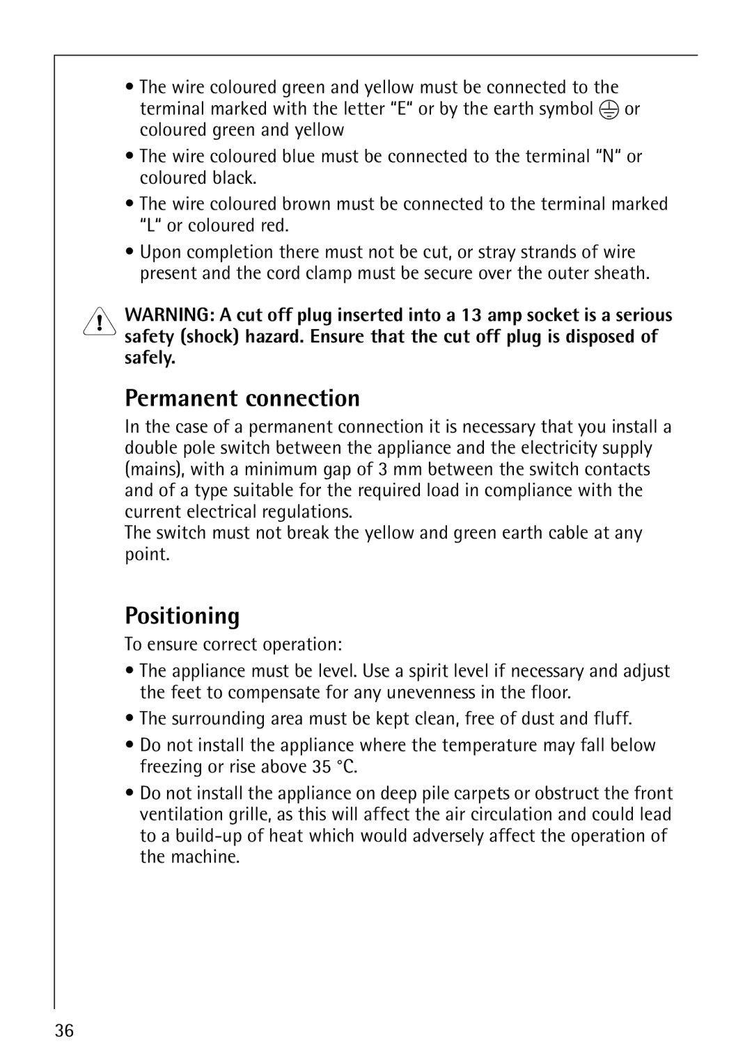 Electrolux 57700 operating instructions Permanent connection, Positioning 