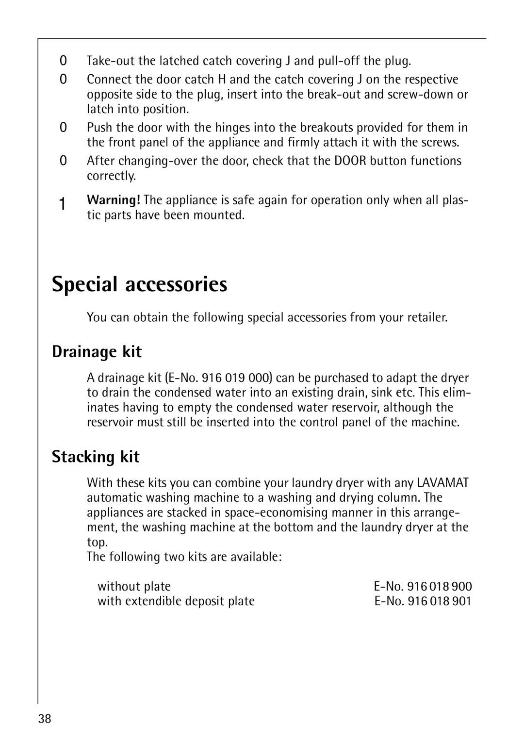 Electrolux 57700 operating instructions Special accessories, Drainage kit, Stacking kit 