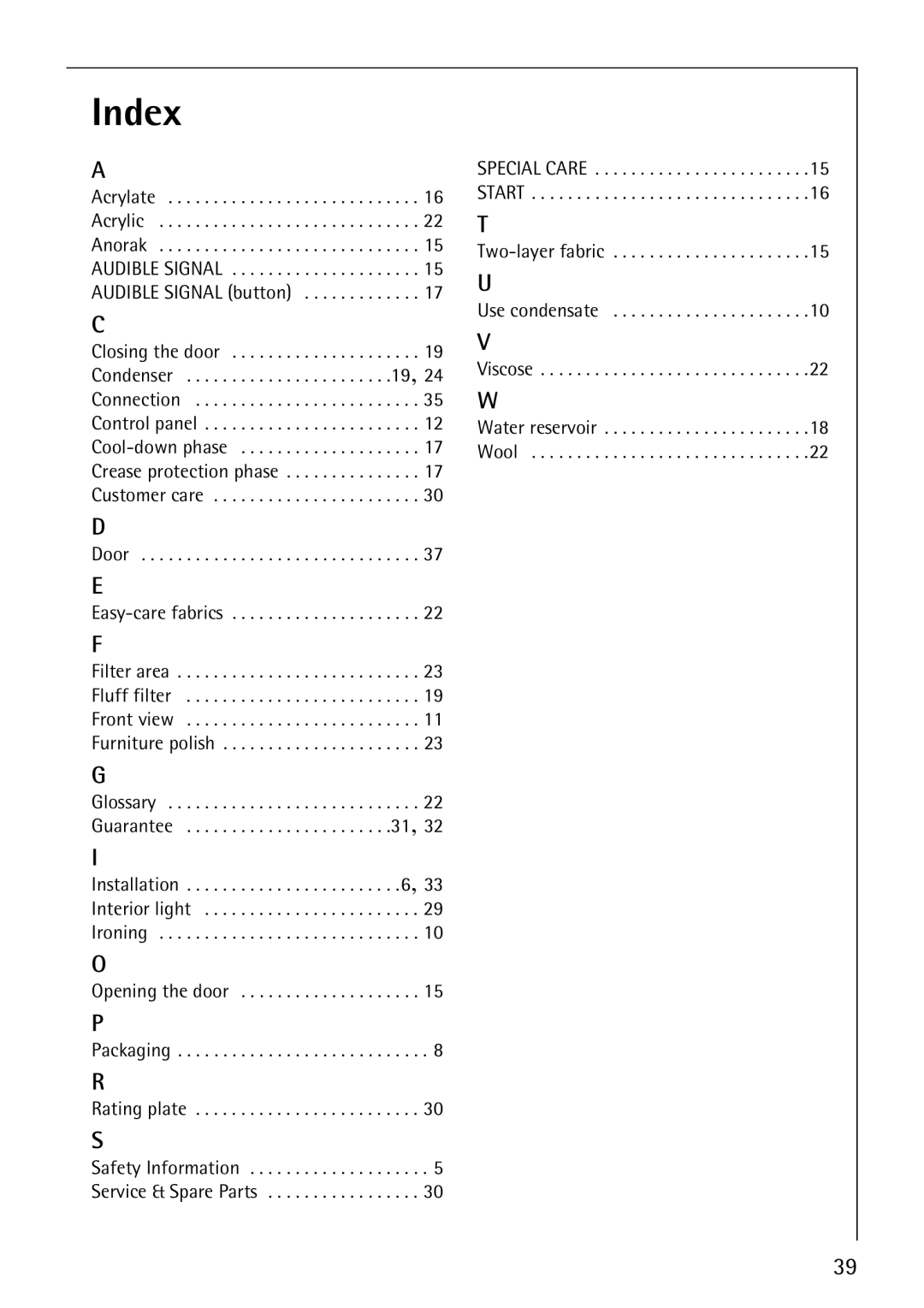 Electrolux 57700 operating instructions Index, Acrylate Acrylic Anorak 