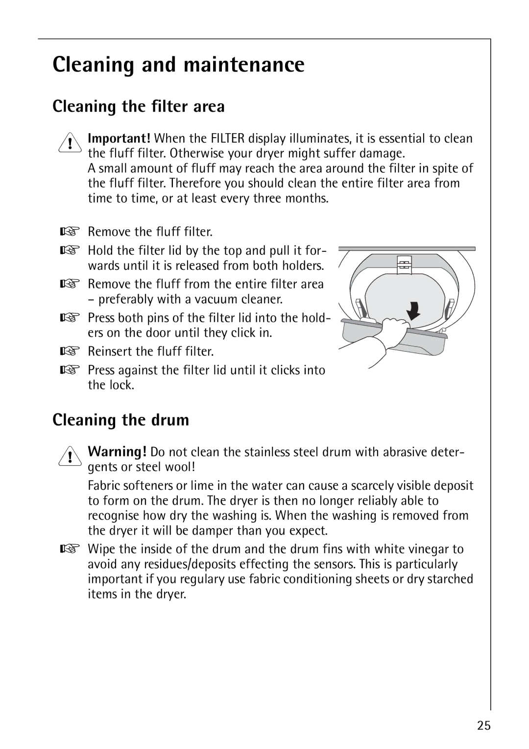 Electrolux 57760 operating instructions Cleaning and maintenance, Cleaning the filter area, Cleaning the drum 