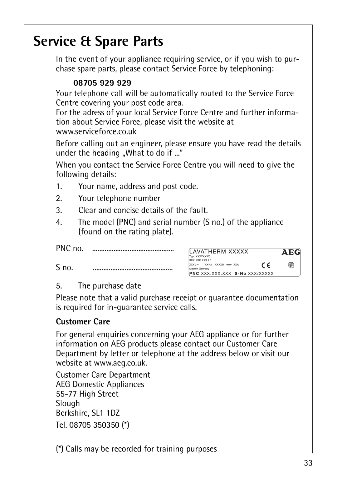 Electrolux 57760 operating instructions Service & Spare Parts, 08705 929 