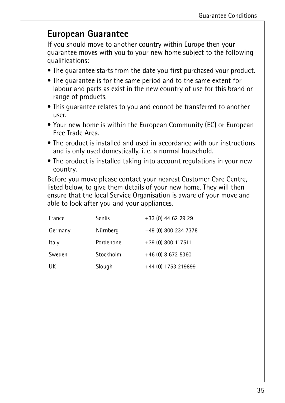 Electrolux 57760 operating instructions European Guarantee 