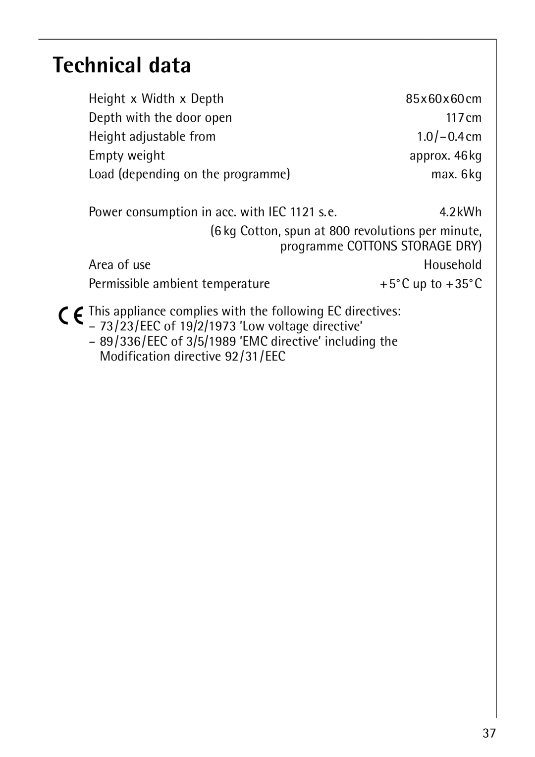 Electrolux 57760 operating instructions Technical data 