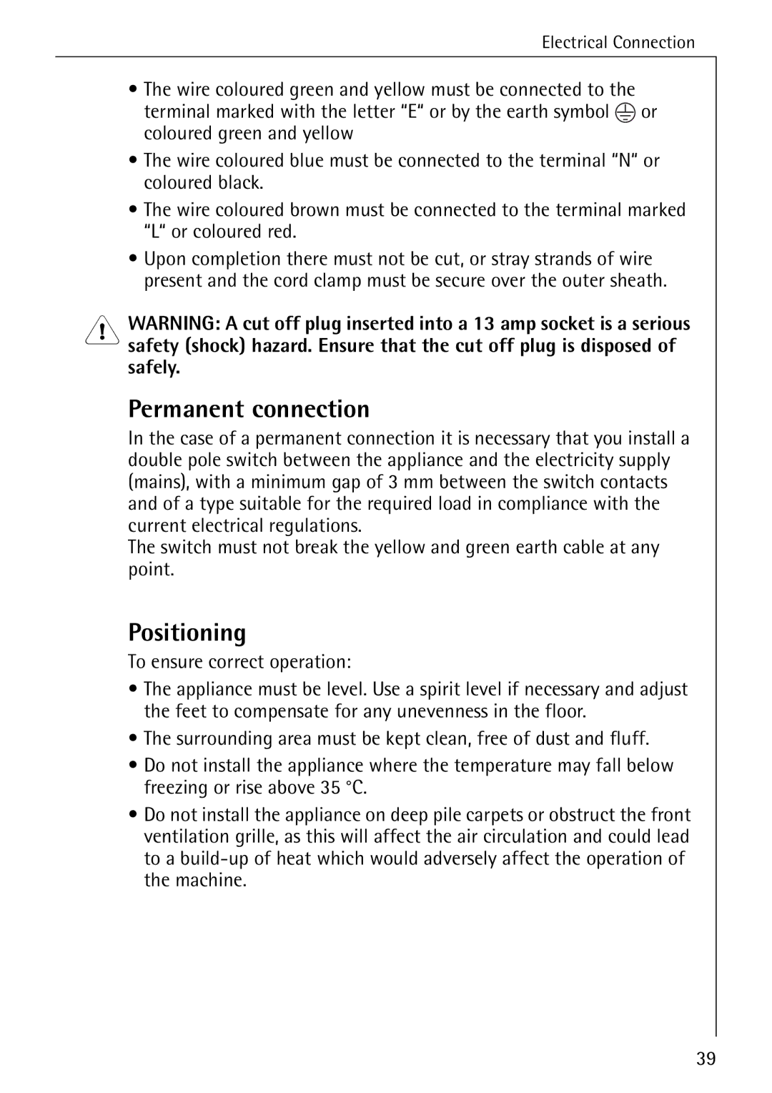 Electrolux 57760 operating instructions Permanent connection, Positioning 