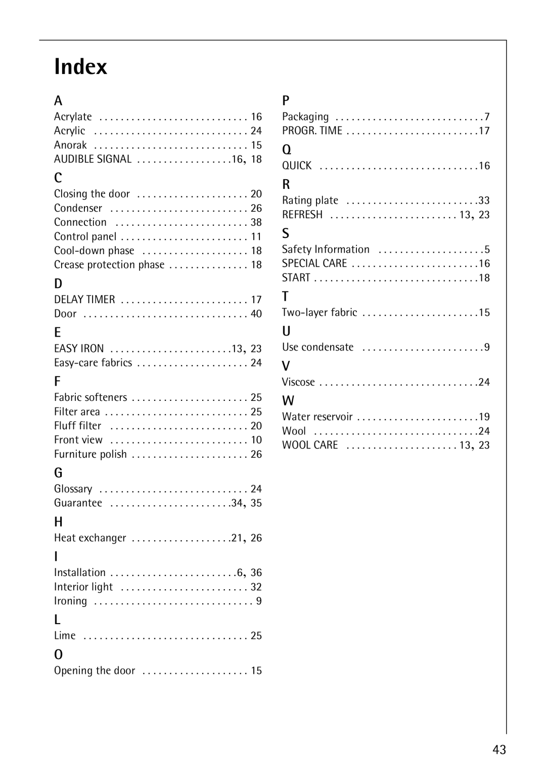 Electrolux 57760 operating instructions Index, Acrylate Acrylic Anorak 