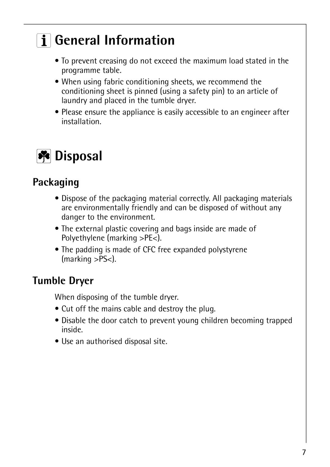 Electrolux 57760 operating instructions General Information, Disposal, Packaging, Tumble Dryer 