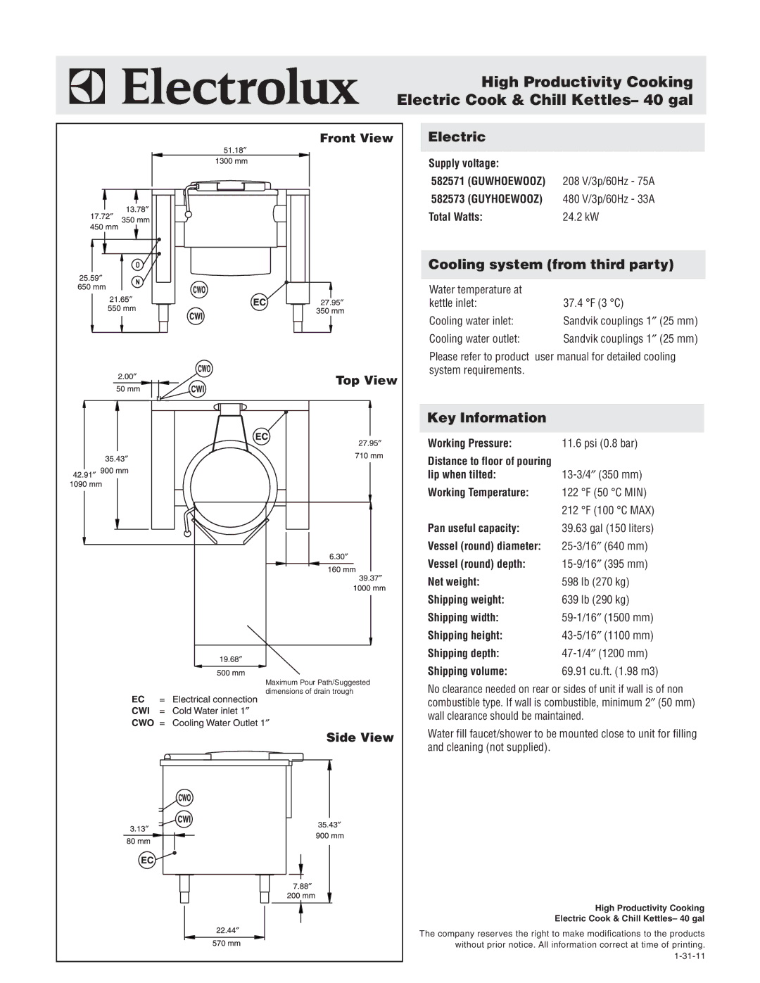 Electrolux 582571, 582573 warranty Electric, Cooling system from third party, Key Information 