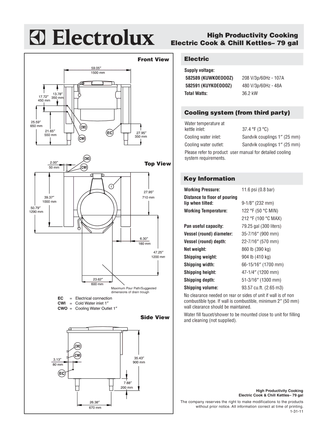 Electrolux 582591, 582589 warranty Front View, Top View, Side View 