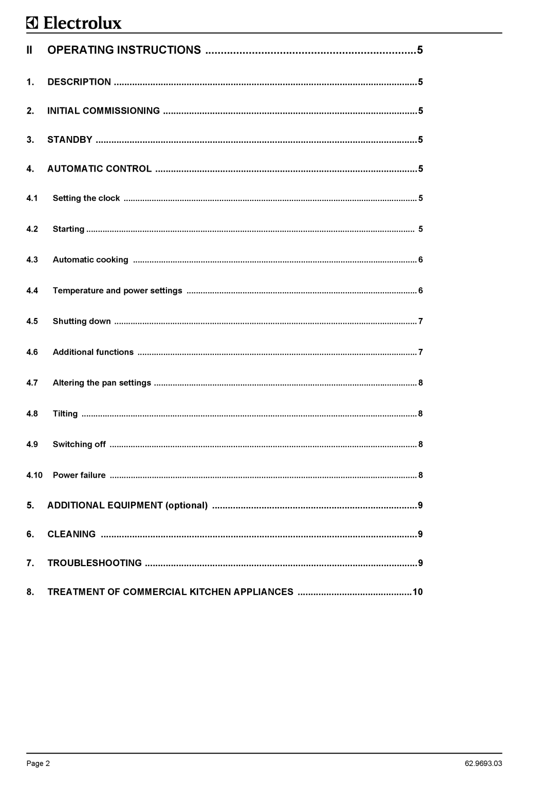 Electrolux 583397 Treatment of Commercial Kitchen Appliances, Description Initial Commissioning Standby Automatic Control 