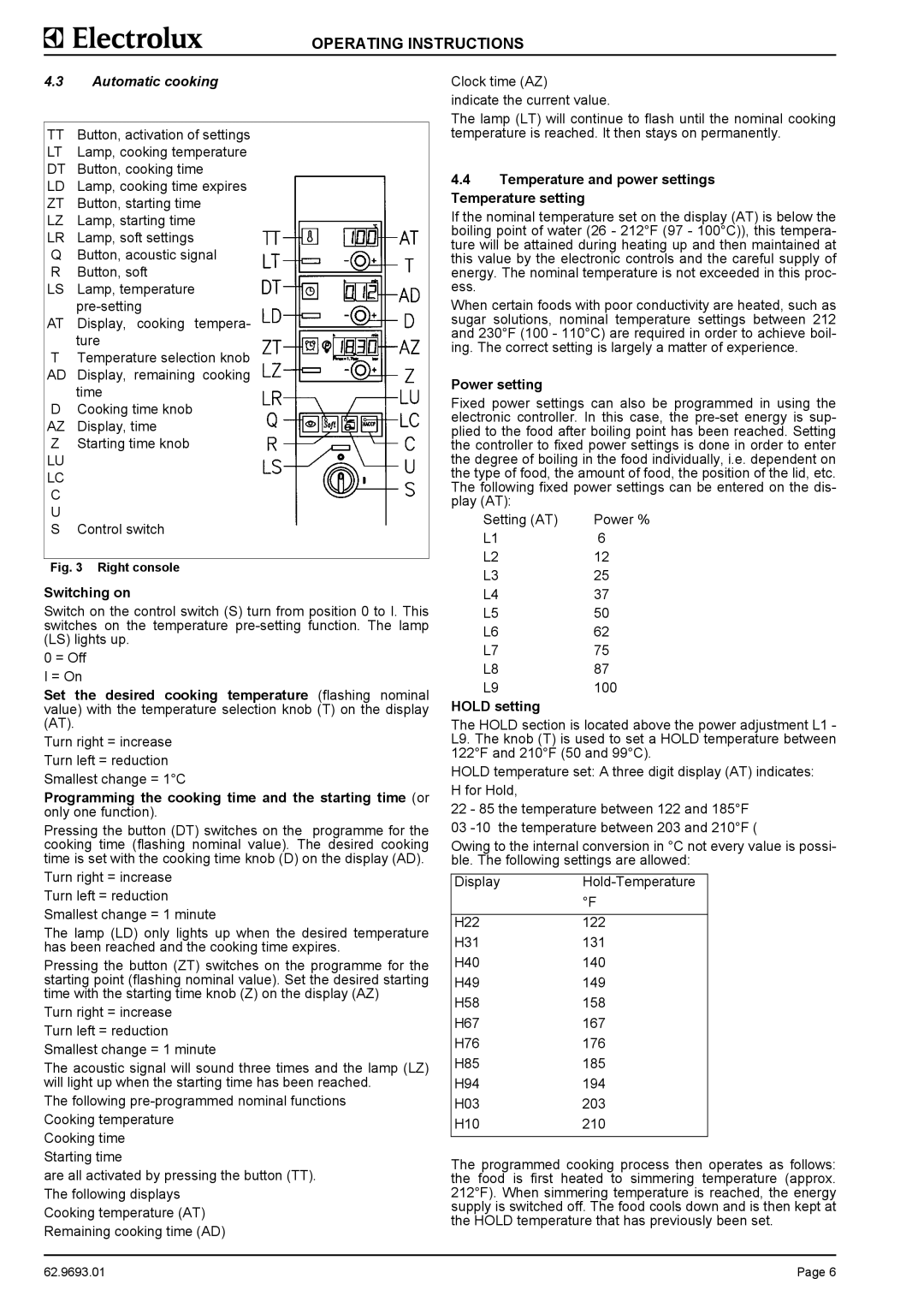 Electrolux KU5HOEOOOO manual Switching on, Temperature and power settings Temperature setting, Power setting, Hold setting 