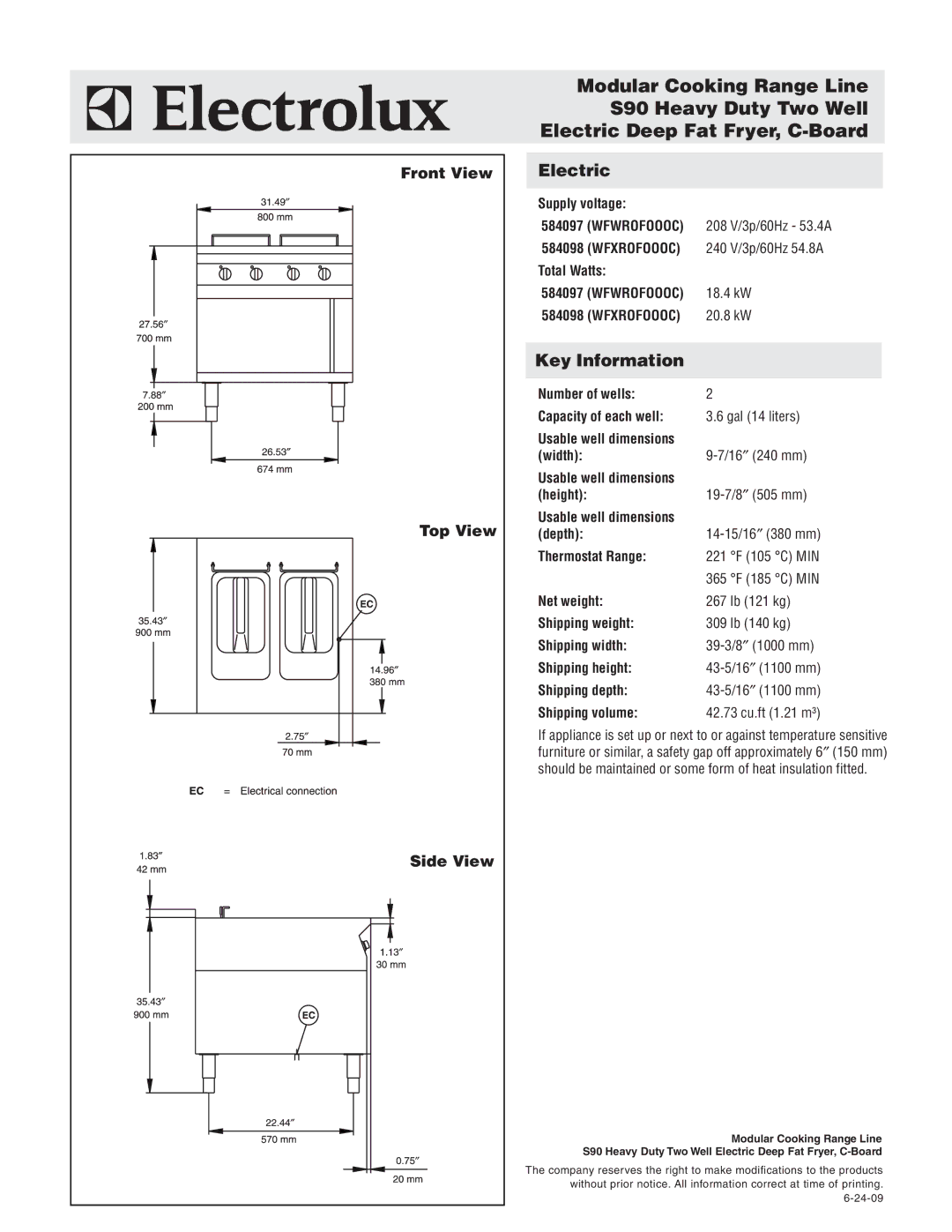 Electrolux 584097 (WFWROFOOOC), 584098 (WFXROFOOOC) warranty Electric, Key Information, Front View Top View Side View 