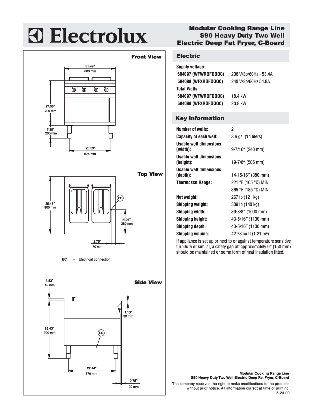 Electrolux 584097 (WFWROFOOOC) Modular Cooking Range Line S90 Heavy Duty Two Well, Electric Deep Fat Fryer, C-Board 