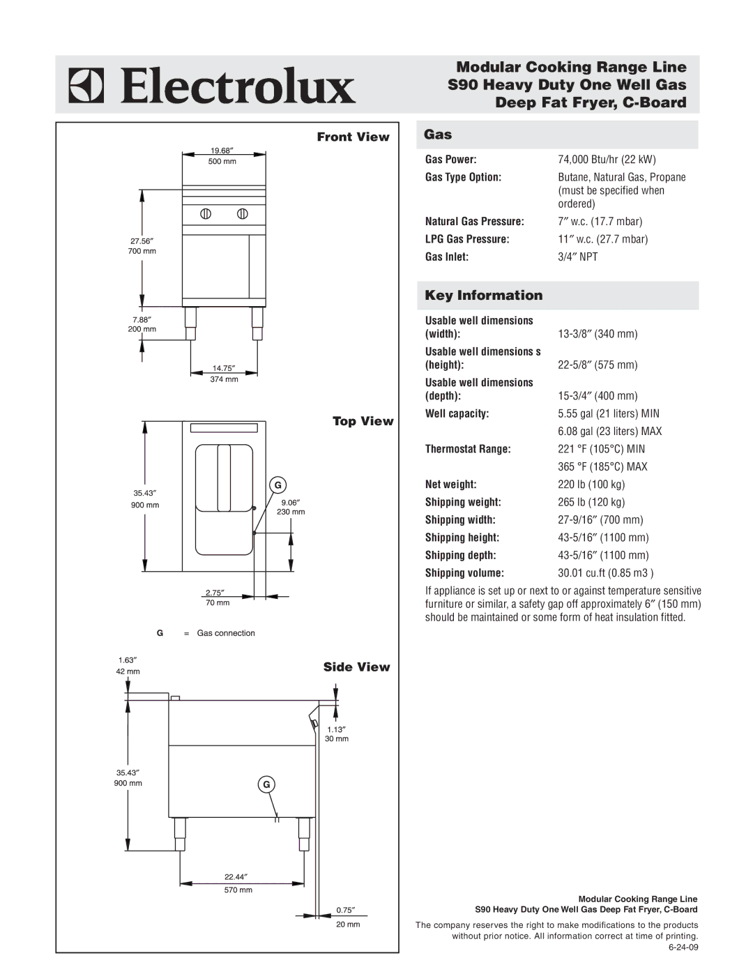 Electrolux 584101 warranty Gas, Key Information, Front View Top View Side View 