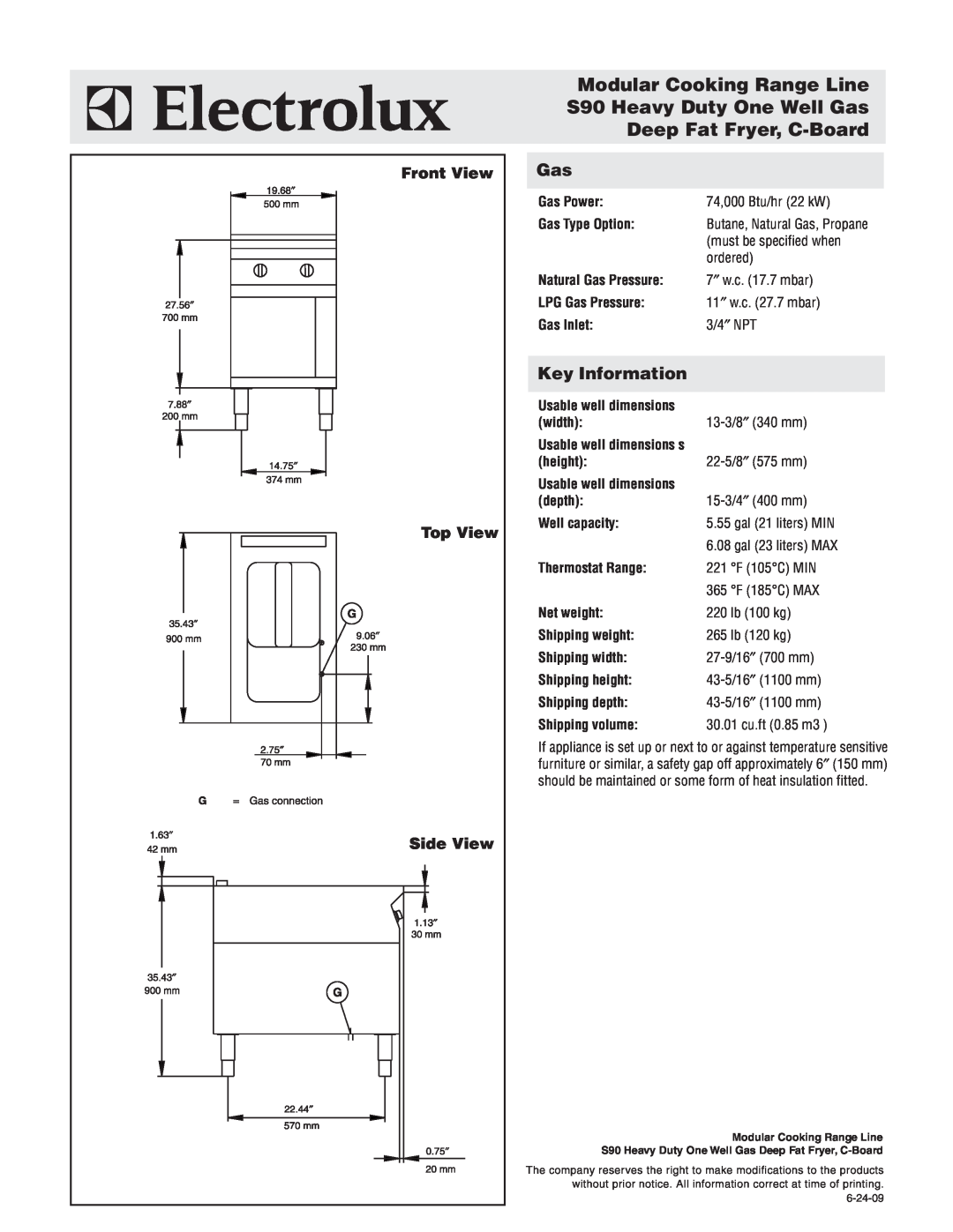 Electrolux 584101 warranty Modular Cooking Range Line S90 Heavy Duty One Well Gas, Deep Fat Fryer, C-Board, Key Information 