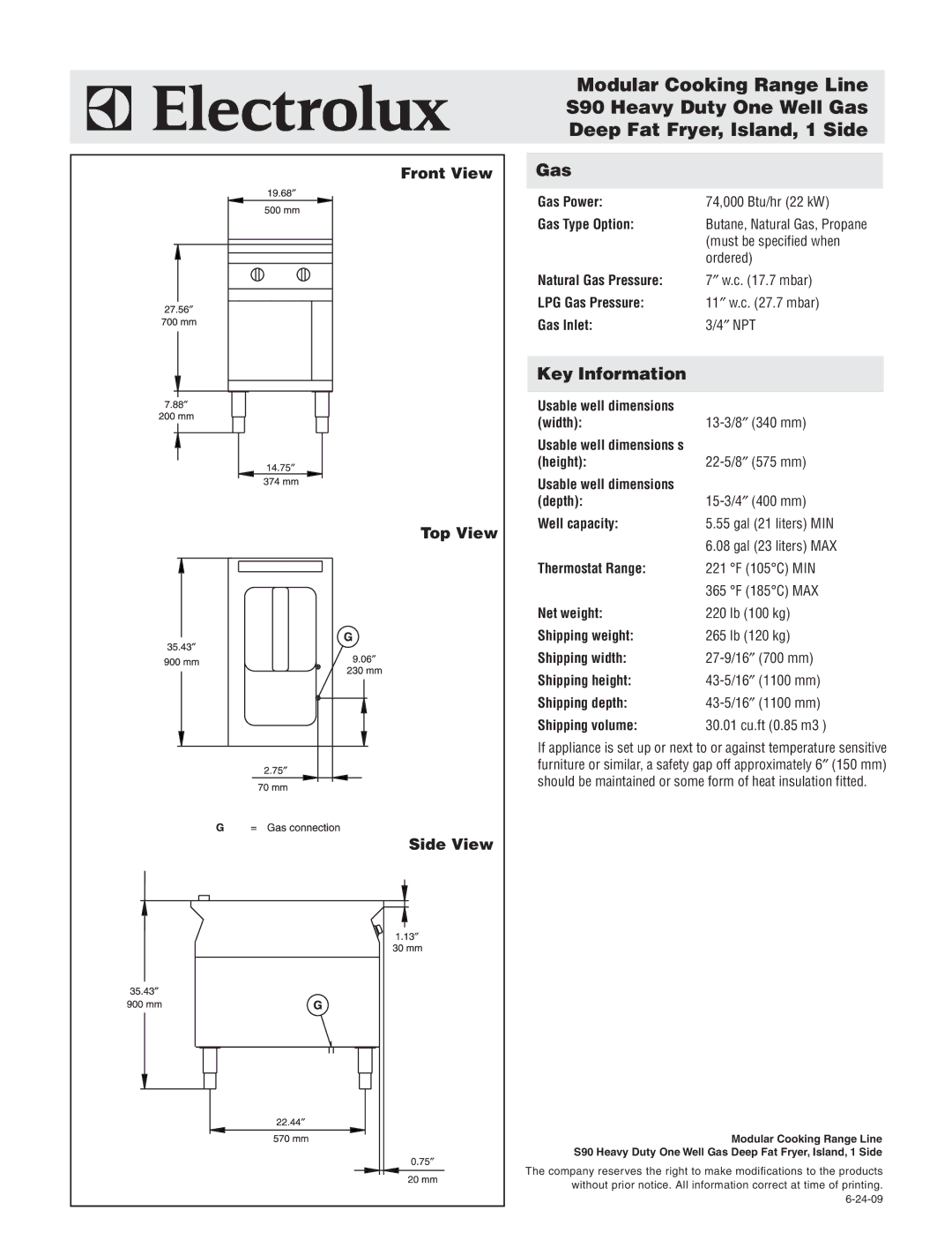 Electrolux 584102 warranty Gas, Key Information, Front View Top View Side View 