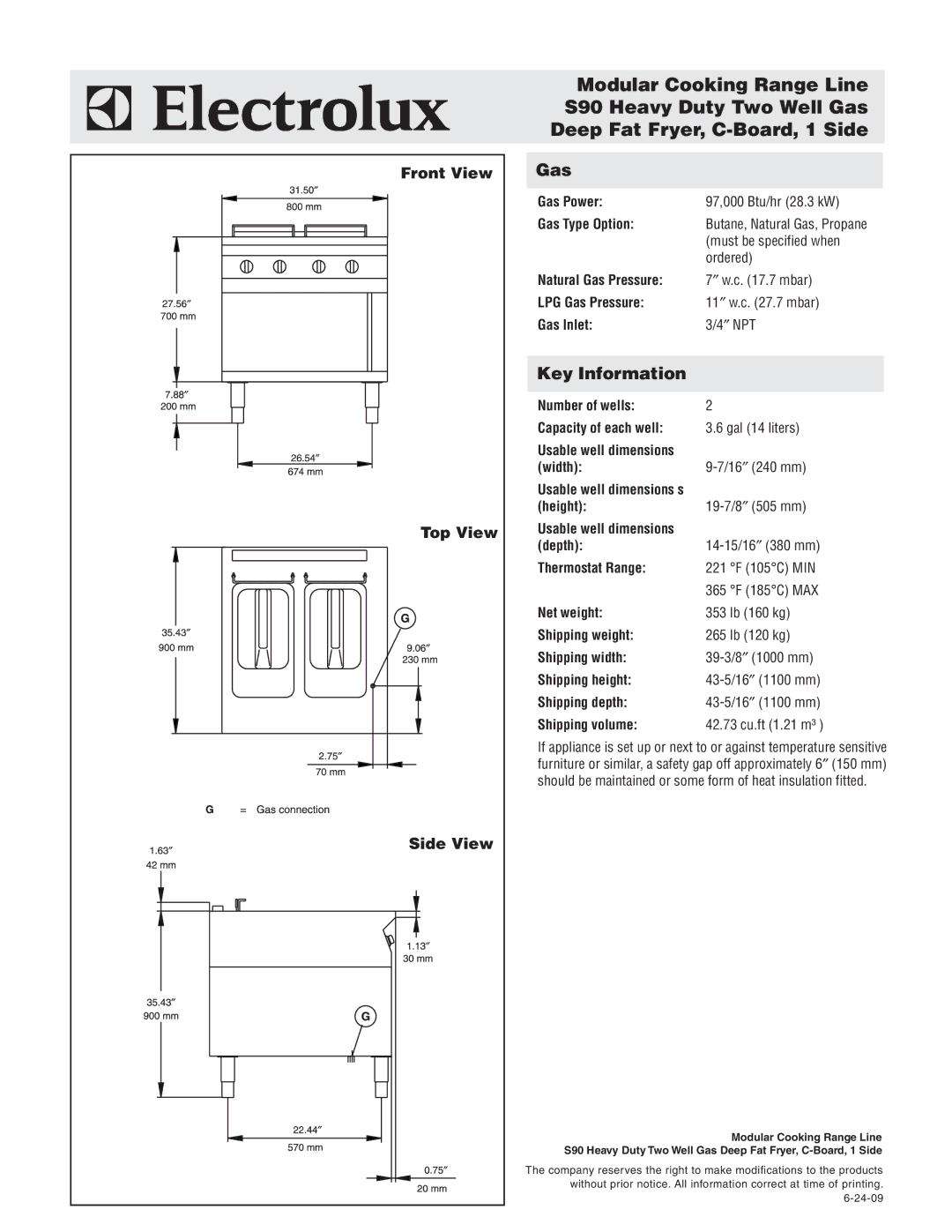 Electrolux 584103 warranty Gas, Key Information, Front View Top View Side View 