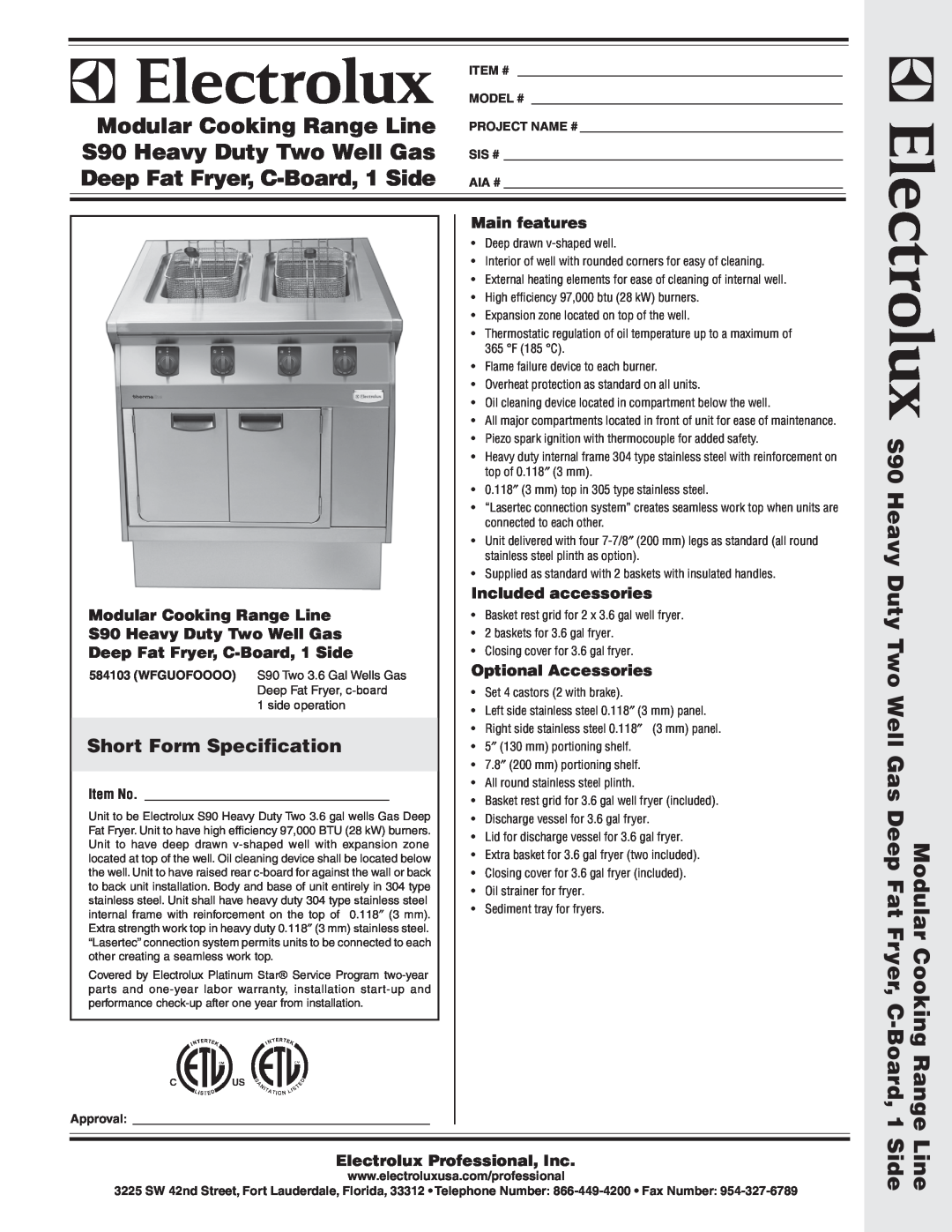 Electrolux 584103 warranty Short Form Specification, Main features, Included accessories, Optional Accessories, Item # 