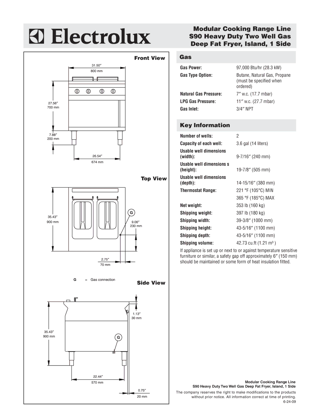 Electrolux 584104 warranty Gas, Key Information, Front View Top View Side View 