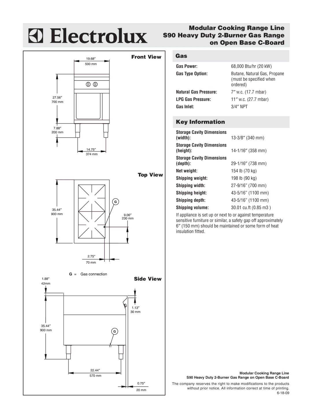 Electrolux 584105 warranty Gas, Key Information, Front View Top View, Side View 