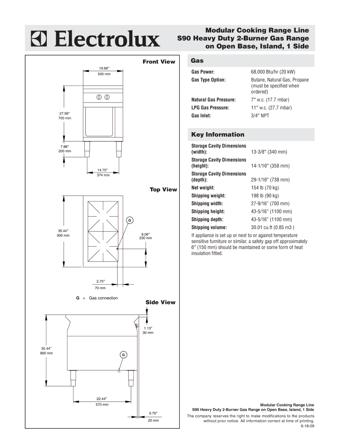 Electrolux 584106 warranty Gas, Key Information, Front View, Top View, Side View 