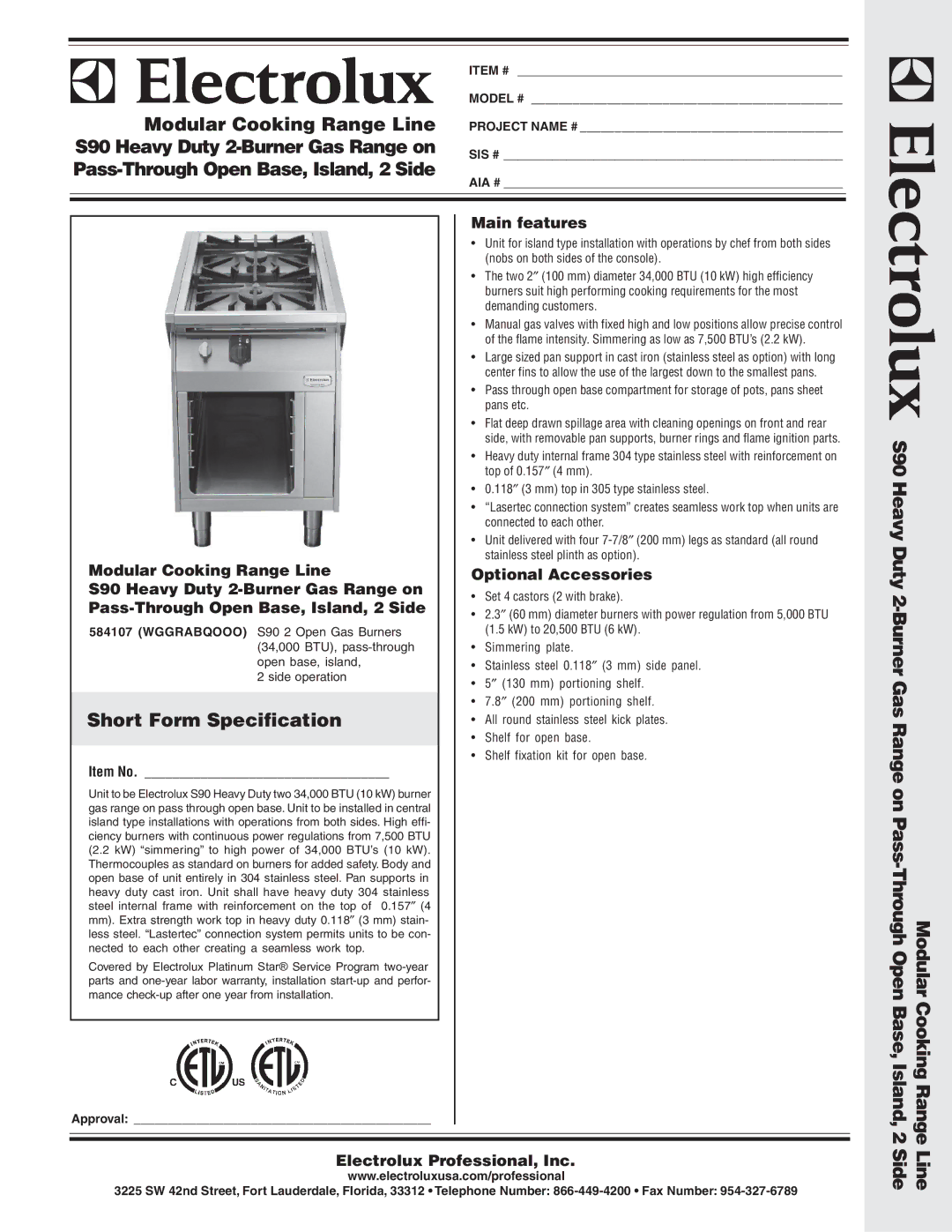 Electrolux 584107 warranty Through Open Base, Short Form Specification, Range Line 