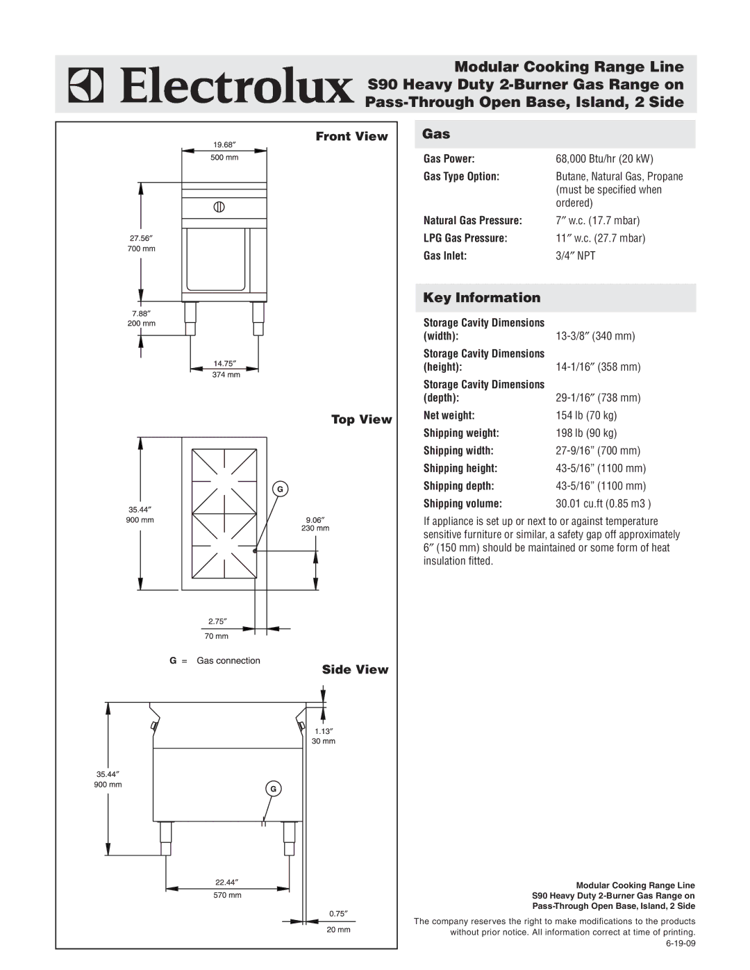 Electrolux 584107 warranty Gas, Key Information, Front View Top View, Side View 