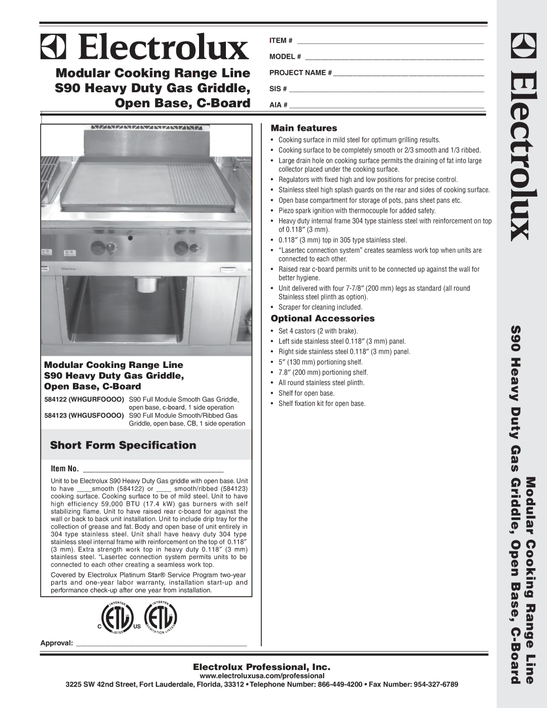 Electrolux 584122 warranty Main features, Optional Accessories, Modular Cooking Range Line, S90 Heavy Duty Gas Griddle 