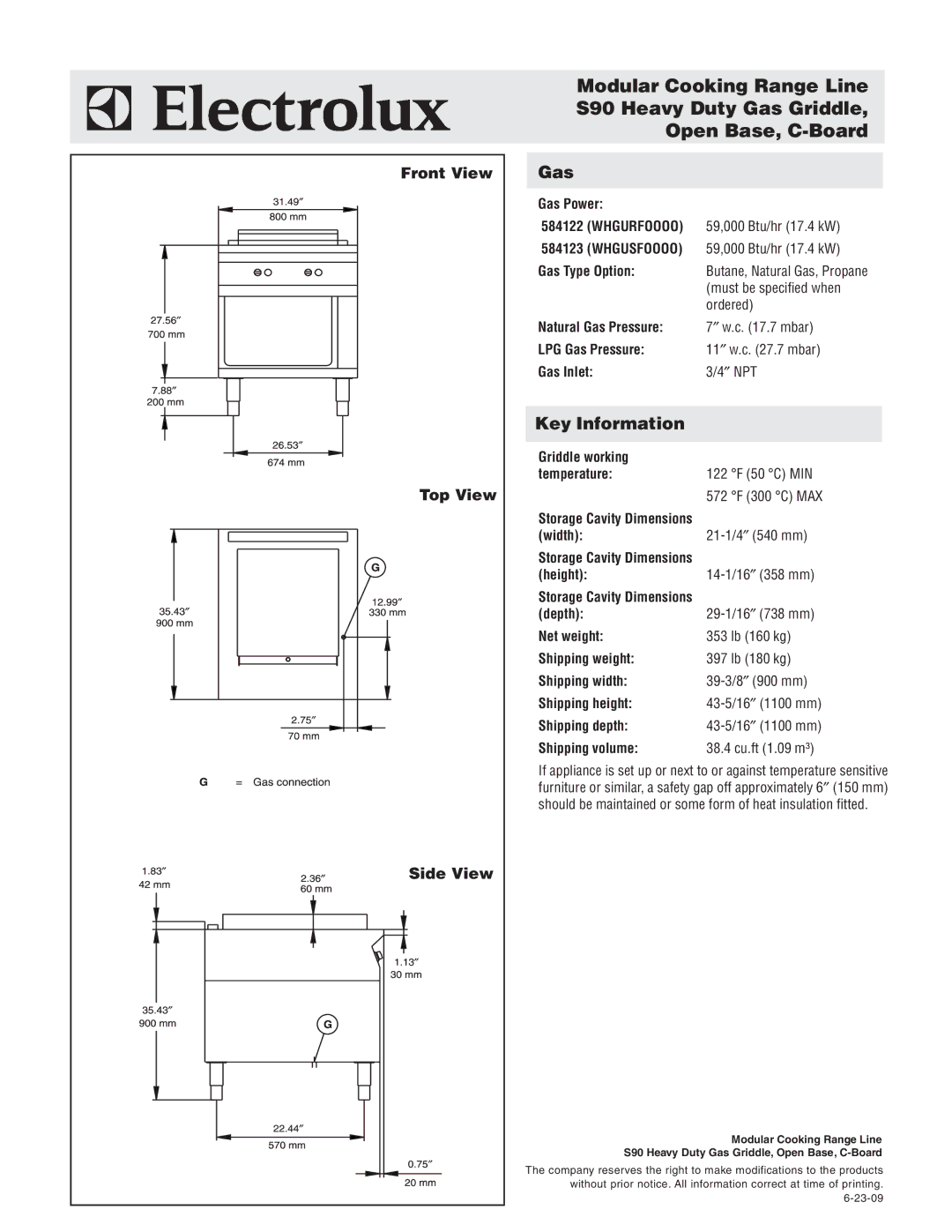 Electrolux 584123, 584122 warranty Gas, Key Information, Front View Top View Side View 