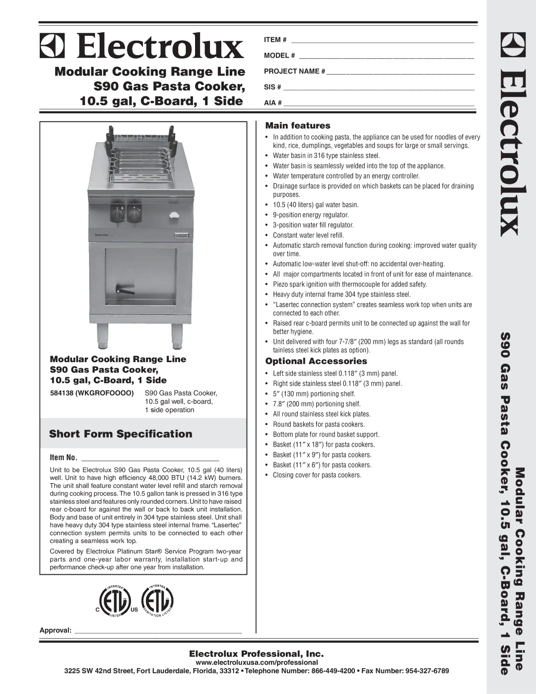 Electrolux 584138 warranty Main features, Modular Cooking Range Line, Optional Accessories, S90 Gas Pasta Cooker 