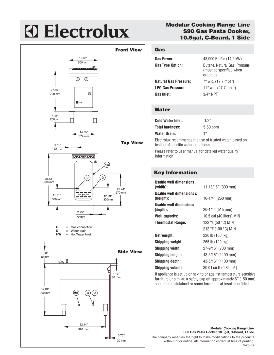 Electrolux 584138 warranty Gas, Water, Key Information, Front View Top View Side View 