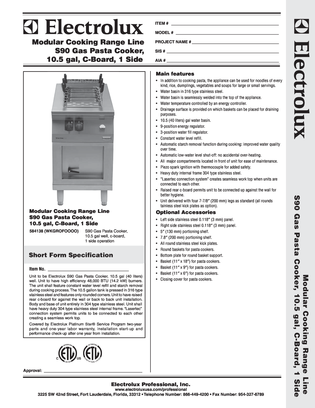 Electrolux 584138 warranty Short Form Specification, Main features, Modular Cooking Range Line, Optional Accessories 