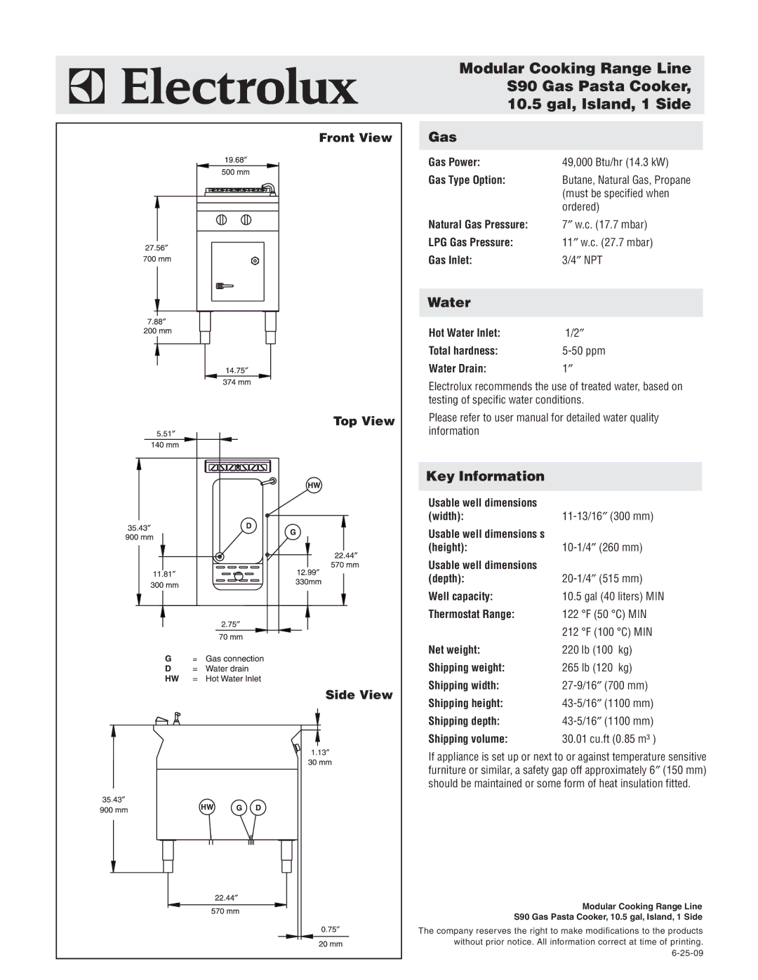 Electrolux 584139 warranty Gas, Water, Key Information, Front View Top View Side View 