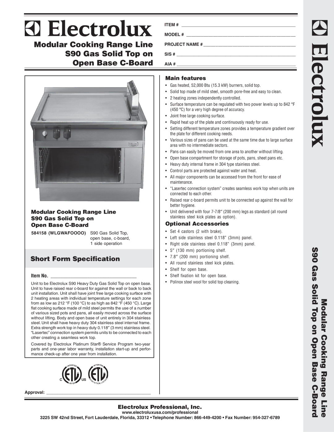 Electrolux 584158 warranty Modular Cooking Range Line, S90 Gas Solid Top on, Open Base C-Board, Line -Board 