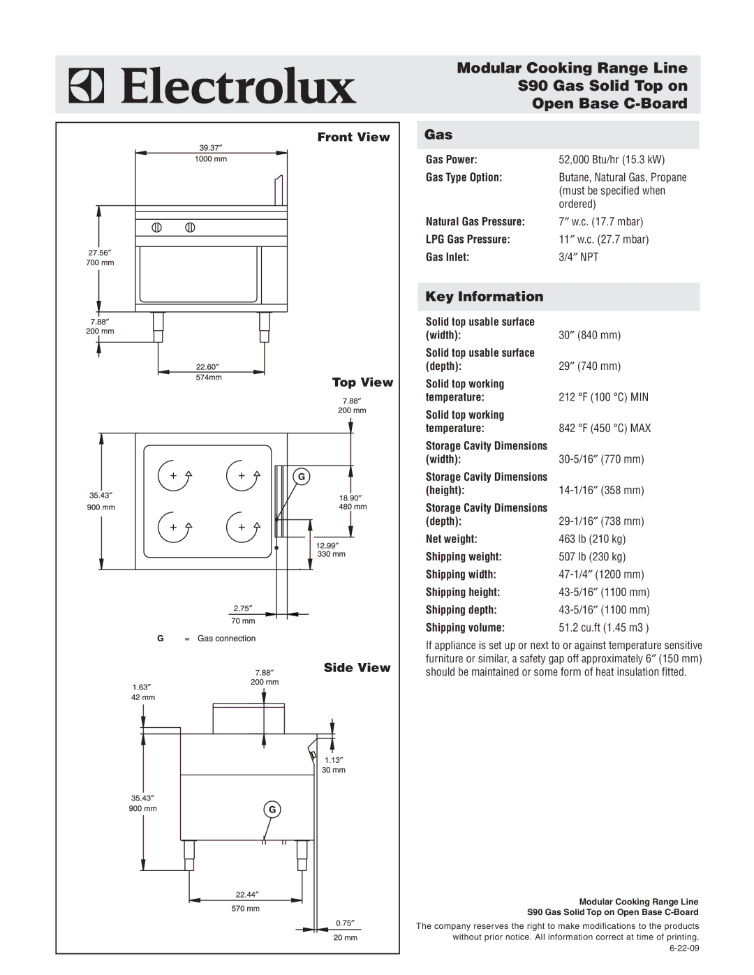 Electrolux 584158 warranty Gas, Key Information, Front View, Top View, Side View 