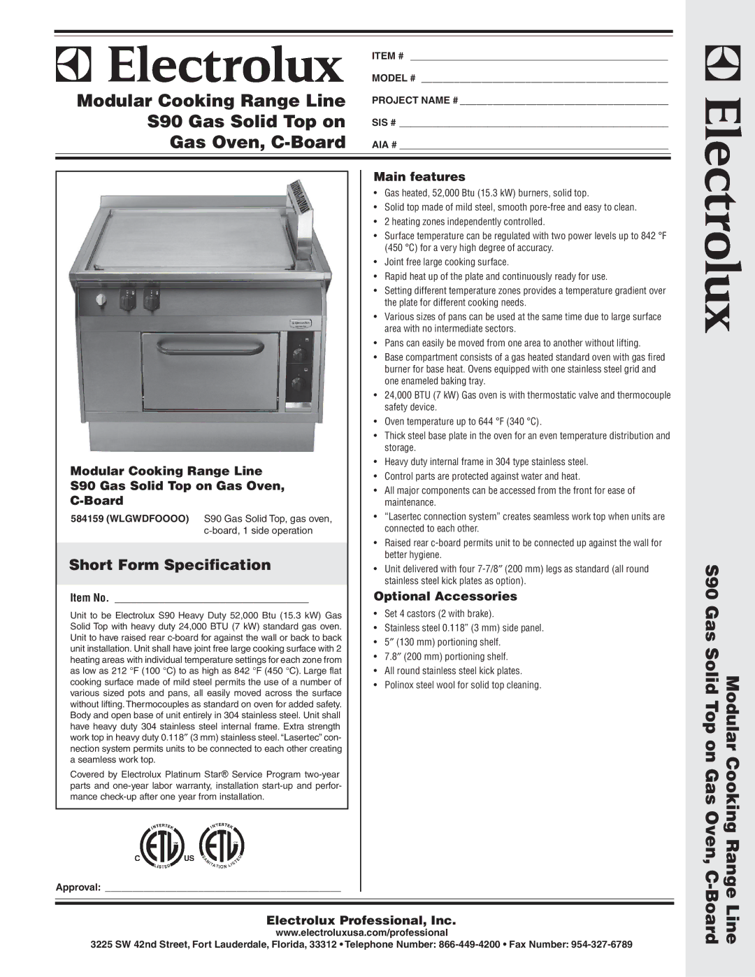 Electrolux 584159 warranty Modular Cooking Range Line, S90 Gas Solid Top on, Gas Oven, C-Board, Line -Board 