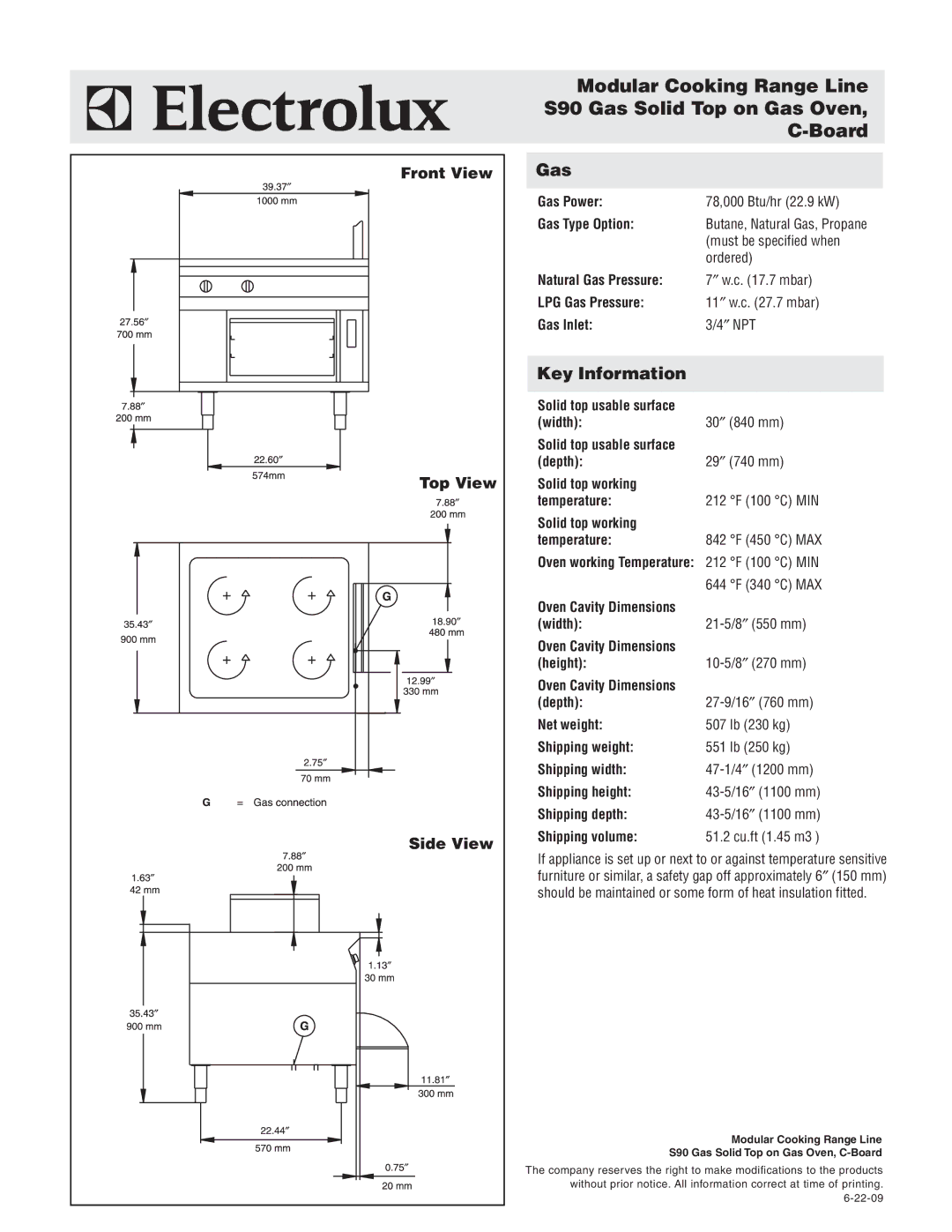 Electrolux 584159 warranty Gas, Key Information, Front View, Top View, Side View 