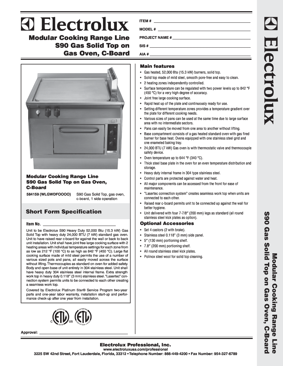 Electrolux 584159 warranty Short Form Specification, Modular Cooking Range Line S90 Gas Solid Top on Gas Oven, C-Board 