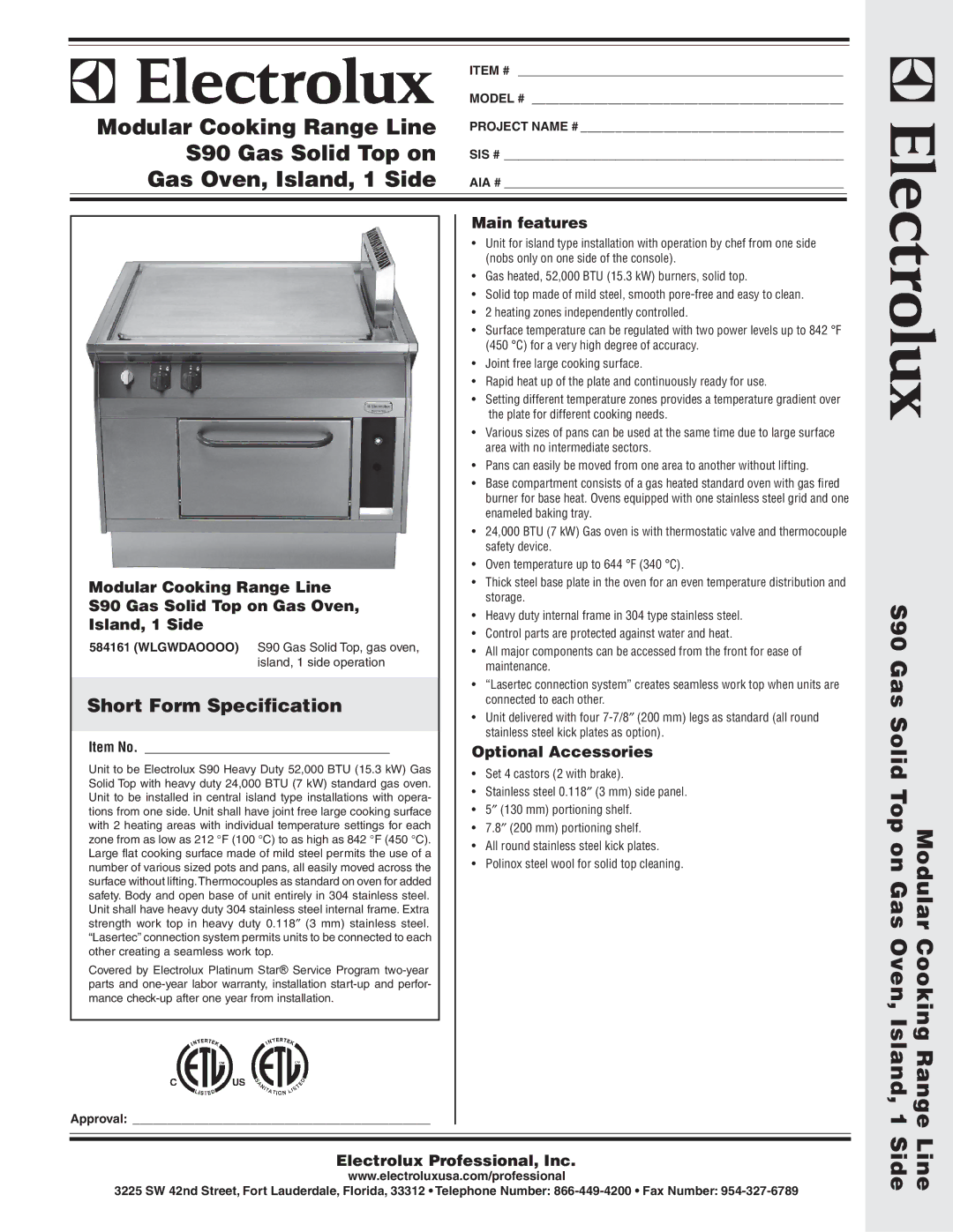 Electrolux 584161 warranty Main features, Modular Cooking Range Line, S90 Gas Solid Top on Gas Oven, Island, 1 Side 