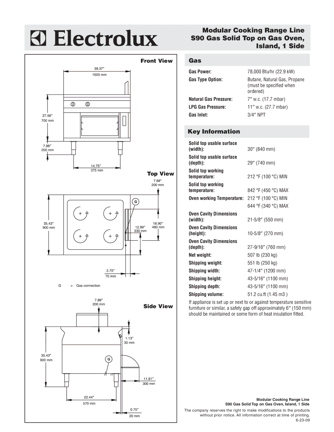 Electrolux 584161 warranty Gas, Key Information, Front View, Top View, Side View 