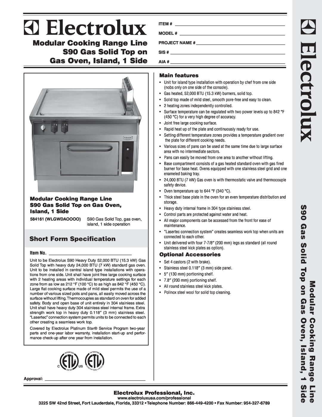 Electrolux 584161 warranty Short Form Specification, Main features, Modular Cooking Range Line, Island, 1 Side, Item # 
