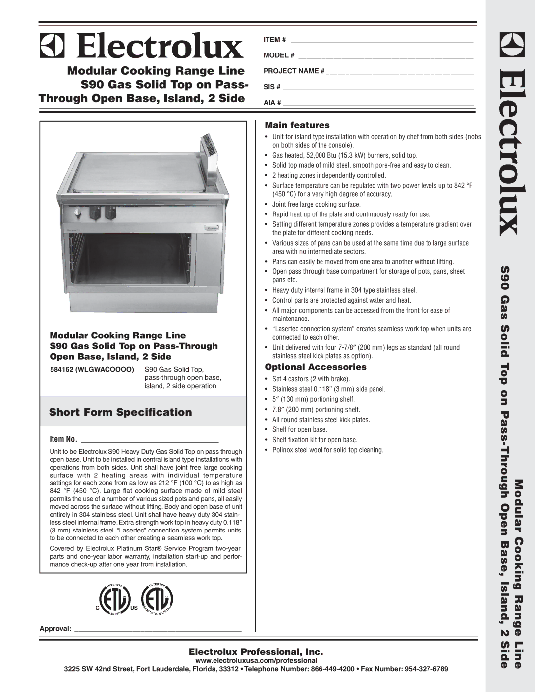 Electrolux 584162 warranty Short Form Specification 